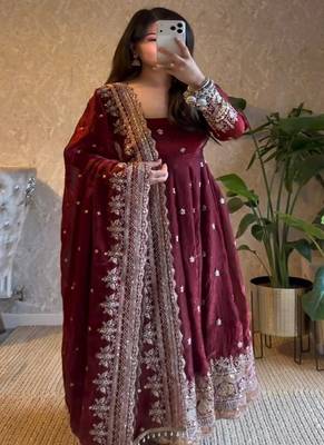 Dark maroon heavily embroidered festive wear anarkali salwar suit 3