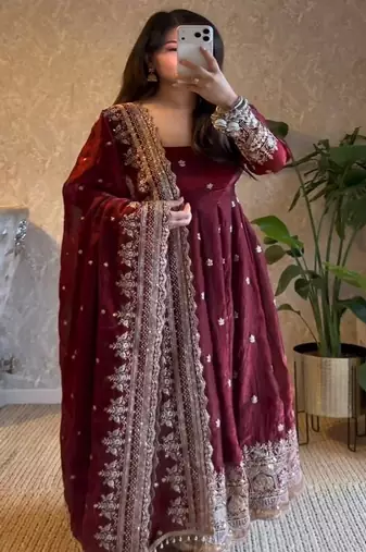 Dark maroon heavily embroidered festive wear anarkali salwar suit