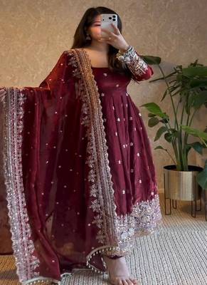 Dark maroon heavily embroidered festive wear anarkali salwar suit 1