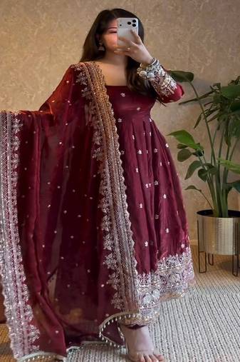 Dark maroon heavily embroidered festive wear anarkali salwar suit