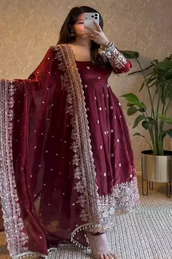 Dark maroon heavily embroidered festive wear anarkali salwar suit