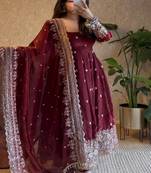 Dark maroon heavily embroidered festive wear anarkali salwar suit