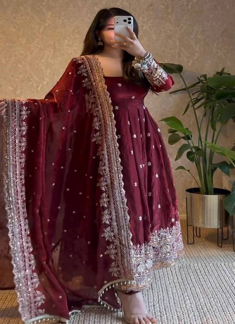 Dark maroon heavily embroidered festive wear anarkali salwar suit