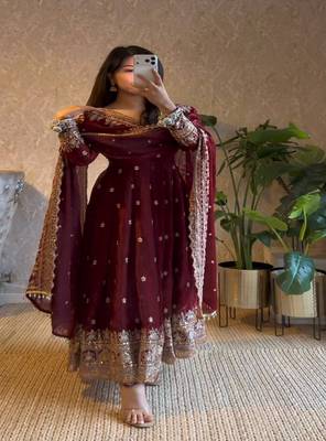 Dark maroon heavily embroidered festive wear anarkali salwar suit 4