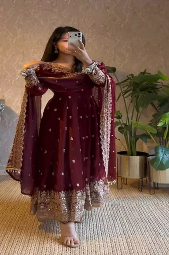 Dark maroon heavily embroidered festive wear anarkali salwar suit