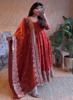 Vibrant orange heavy border gher anarkali suit for women 3