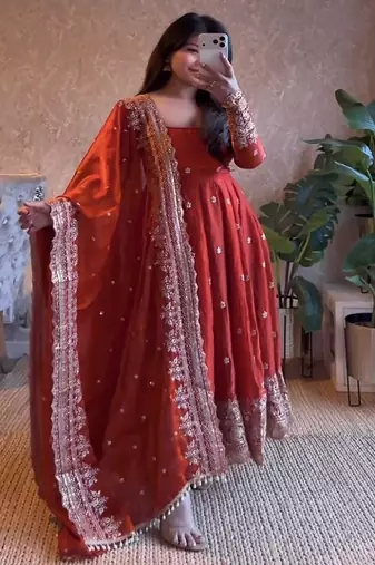 Vibrant orange heavy border gher anarkali suit for women