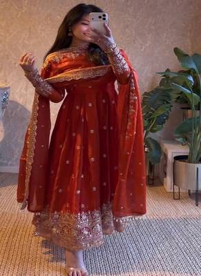 Vibrant orange heavy border gher anarkali suit for women 4