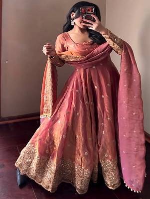 Peach festive wear heavy border anarkali gown suit 3