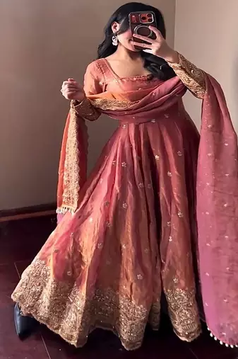Peach festive wear heavy border anarkali gown suit
