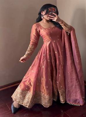 Peach festive wear heavy border anarkali gown suit 4