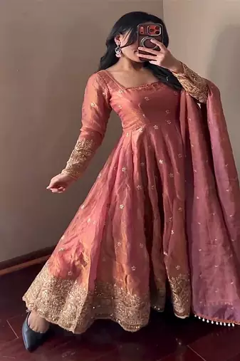 Peach festive wear heavy border anarkali gown suit