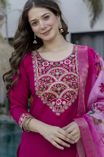 Women's Gorgeous Embroidery Work Chanderi Fabric Straight Kurta Pant and Dupatta Set