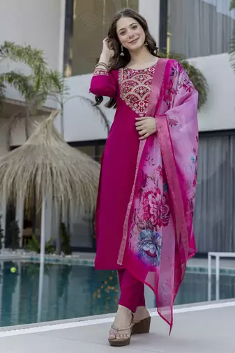 Women's Gorgeous Embroidery Work Chanderi Fabric Straight Kurta Pant and Dupatta Set