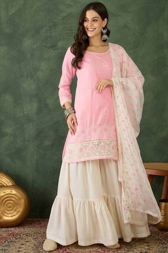 Women's Gorgeous Embroidery Work Cotton Satin Fabric Straight Kurta Sharara and Dupatta Set