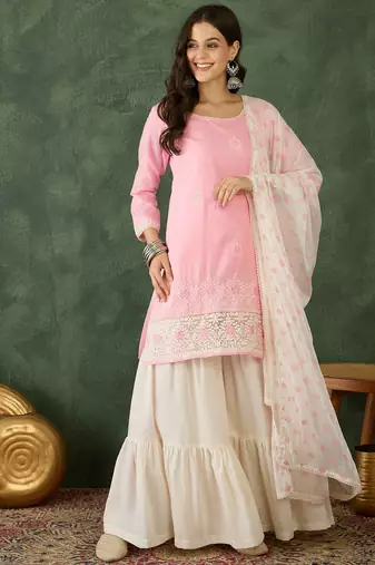 Women's Gorgeous Embroidery Work Cotton Satin Fabric Straight Kurta Sharara and Dupatta Set