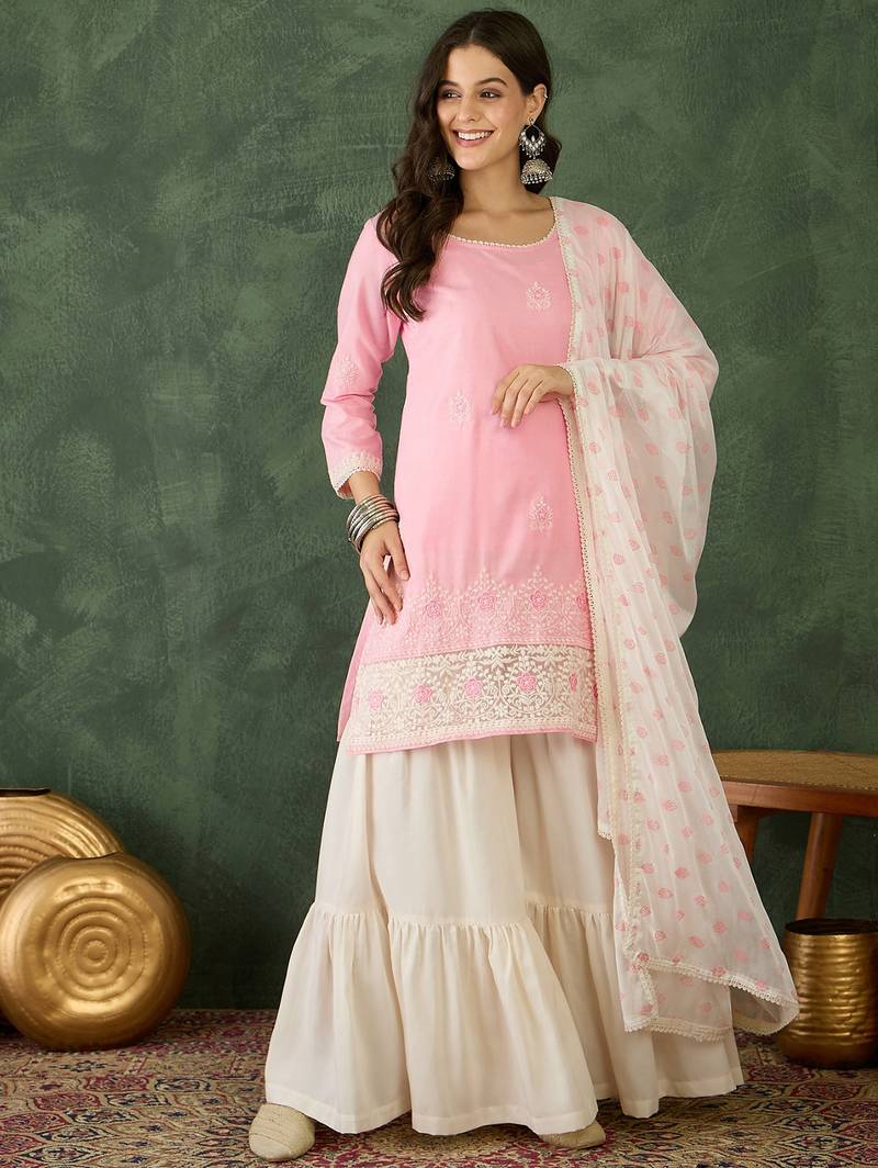 Women's Gorgeous Embroidery Work Cotton Satin Fabric Straight Kurta Sharara and Dupatta Set