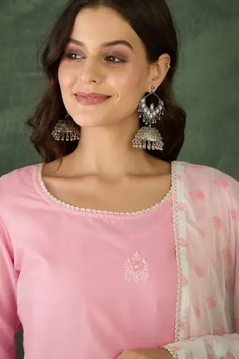 Women's Gorgeous Embroidery Work Cotton Satin Fabric Straight Kurta Sharara and Dupatta Set