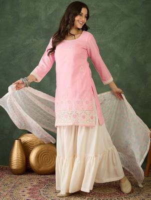 Women's Gorgeous Embroidery Work Cotton Satin Fabric Straight Kurta Sharara and Dupatta Set 5