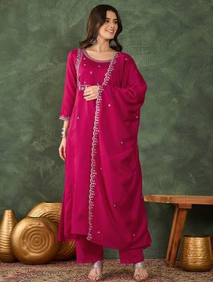 Women's Gorgeous Embroidery Work Vichitra SIlk Fabric Flared Kurta Pant and Dupatta Set 1