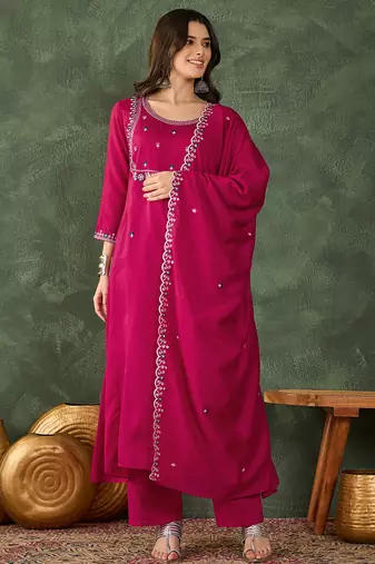 Women's Gorgeous Embroidery Work Vichitra SIlk Fabric Flared Kurta Pant and Dupatta Set