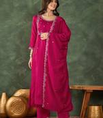 Women's Gorgeous Embroidery Work Vichitra SIlk Fabric Flared Kurta Pant and Dupatta Set