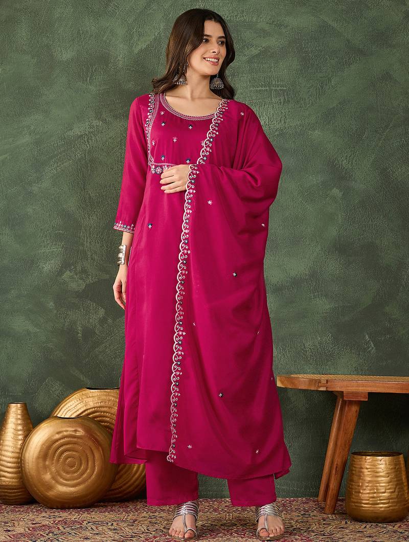 Women's Gorgeous Embroidery Work Vichitra SIlk Fabric Flared Kurta Pant and Dupatta Set