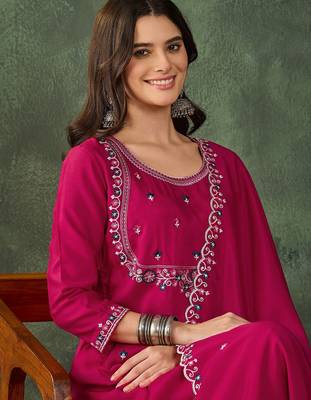 Women's Gorgeous Embroidery Work Vichitra SIlk Fabric Flared Kurta Pant and Dupatta Set 2