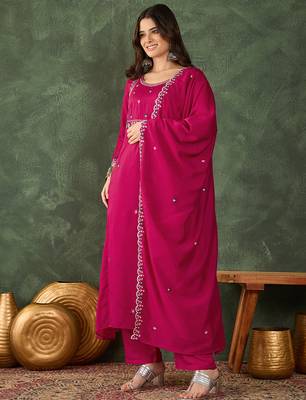 Women's Gorgeous Embroidery Work Vichitra SIlk Fabric Flared Kurta Pant and Dupatta Set 3