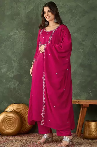 Women's Gorgeous Embroidery Work Vichitra SIlk Fabric Flared Kurta Pant and Dupatta Set