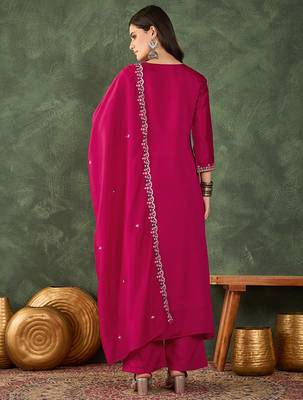 Women's Gorgeous Embroidery Work Vichitra SIlk Fabric Flared Kurta Pant and Dupatta Set 4