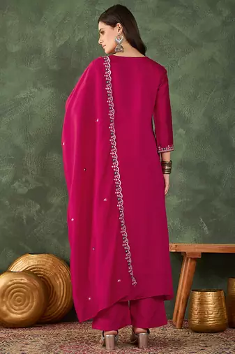 Women's Gorgeous Embroidery Work Vichitra SIlk Fabric Flared Kurta Pant and Dupatta Set