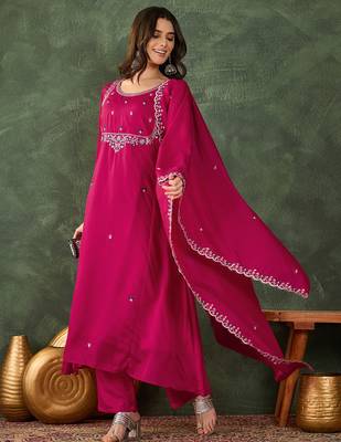 Women's Gorgeous Embroidery Work Vichitra SIlk Fabric Flared Kurta Pant and Dupatta Set 5