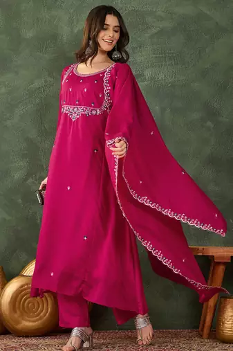 Women's Gorgeous Embroidery Work Vichitra SIlk Fabric Flared Kurta Pant and Dupatta Set