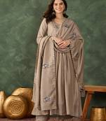 Women's Gorgeous Embroidery Work Vichitra SIlk Fabric Flared Anarkali Pant and Dupatta Set