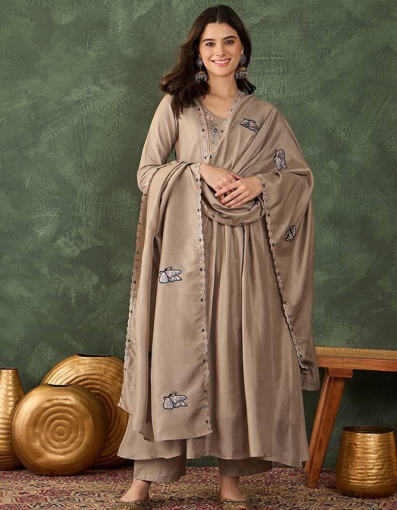 Women's Gorgeous Embroidery Work Vichitra SIlk Fabric Flared Anarkali Pant and Dupatta Set