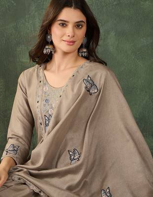Women's Gorgeous Embroidery Work Vichitra SIlk Fabric Flared Anarkali Pant and Dupatta Set 2