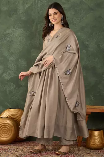 Women's Gorgeous Embroidery Work Vichitra SIlk Fabric Flared Anarkali Pant and Dupatta Set