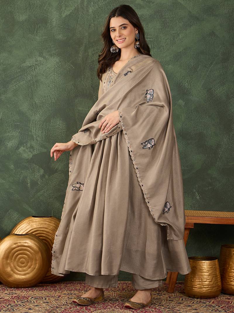 Women's Gorgeous Embroidery Work Vichitra SIlk Fabric Flared Anarkali Pant and Dupatta Set