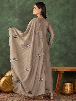 Women's Gorgeous Embroidery Work Vichitra SIlk Fabric Flared Anarkali Pant and Dupatta Set 4