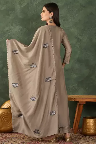 Women's Gorgeous Embroidery Work Vichitra SIlk Fabric Flared Anarkali Pant and Dupatta Set