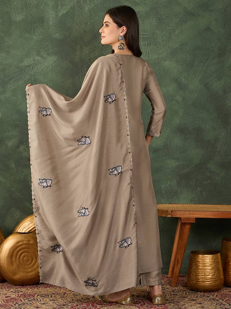 Women's Gorgeous Embroidery Work Vichitra SIlk Fabric Flared Anarkali Pant and Dupatta Set