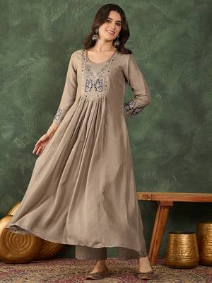 Women's Gorgeous Embroidery Work Vichitra SIlk Fabric Flared Anarkali Pant and Dupatta Set 5