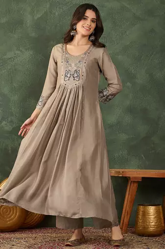 Women's Gorgeous Embroidery Work Vichitra SIlk Fabric Flared Anarkali Pant and Dupatta Set