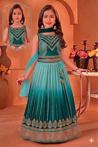 Kids teal-blue lehenga choli with dupata  embroidery work