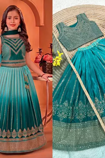 Kids teal-blue lehenga choli with dupata  embroidery work