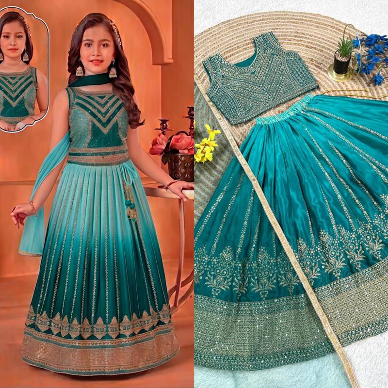 Kids teal-blue lehenga choli with dupata  embroidery work