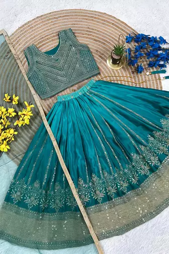 Kids teal-blue lehenga choli with dupata  embroidery work