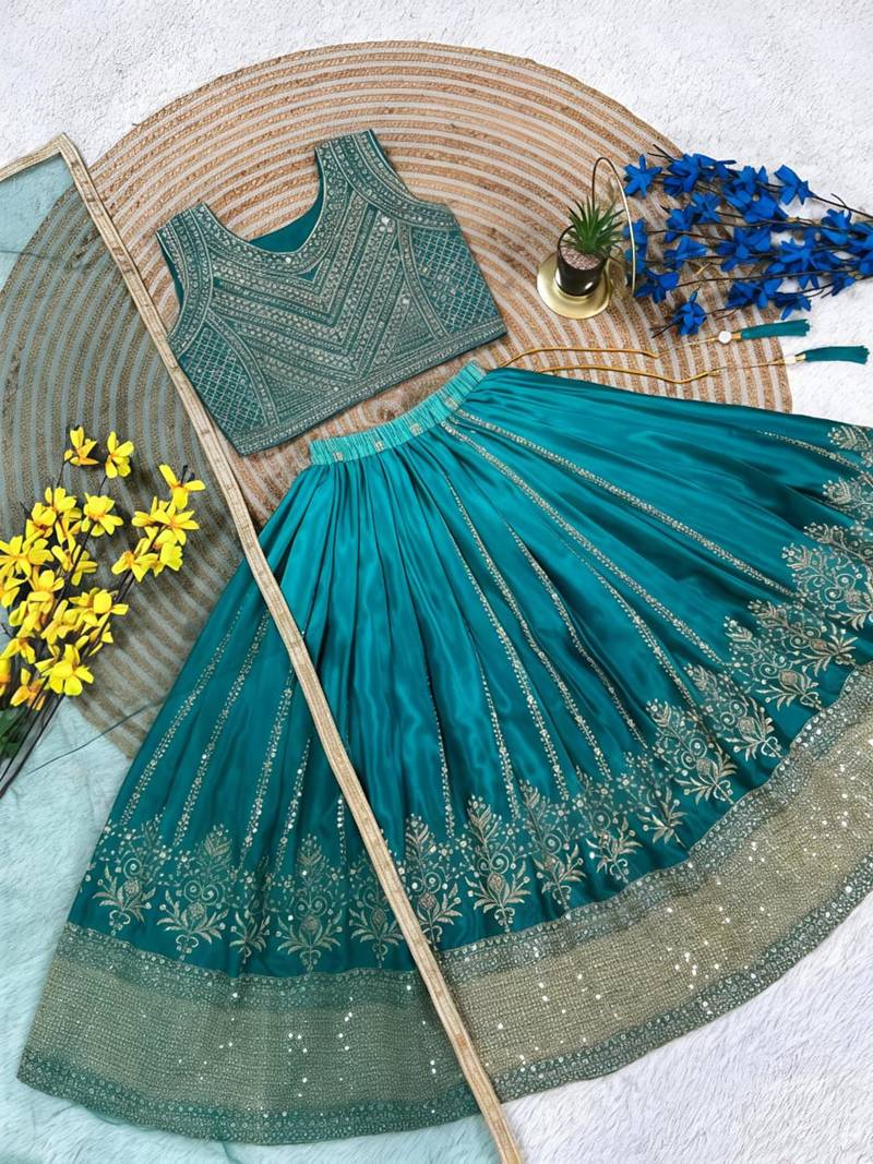 Kids teal-blue lehenga choli with dupata  embroidery work