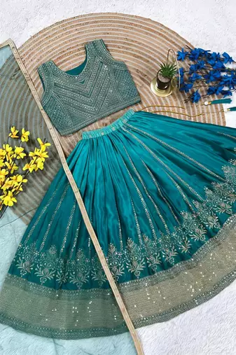 Kids teal-blue lehenga choli with dupata  embroidery work